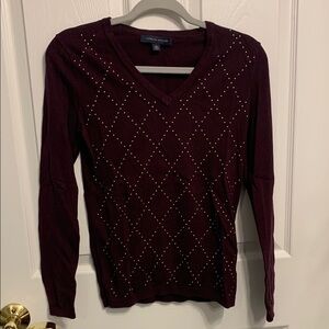Tommy Hilfiger Burgundy V-Neck Sweater with Gold Studded Design size XS